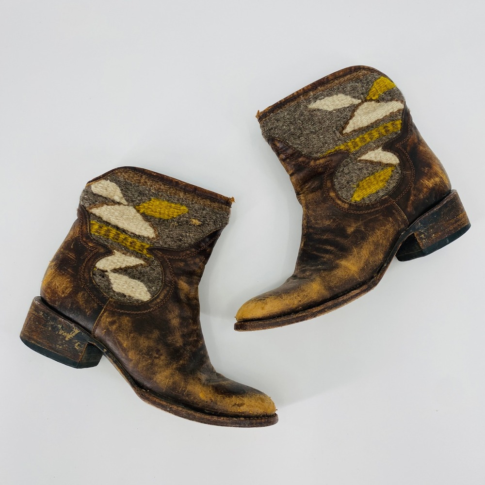 Freebird Cablo Ankle Boots Womens 7 Brown Leather Kilim Distressed FB-CABLO